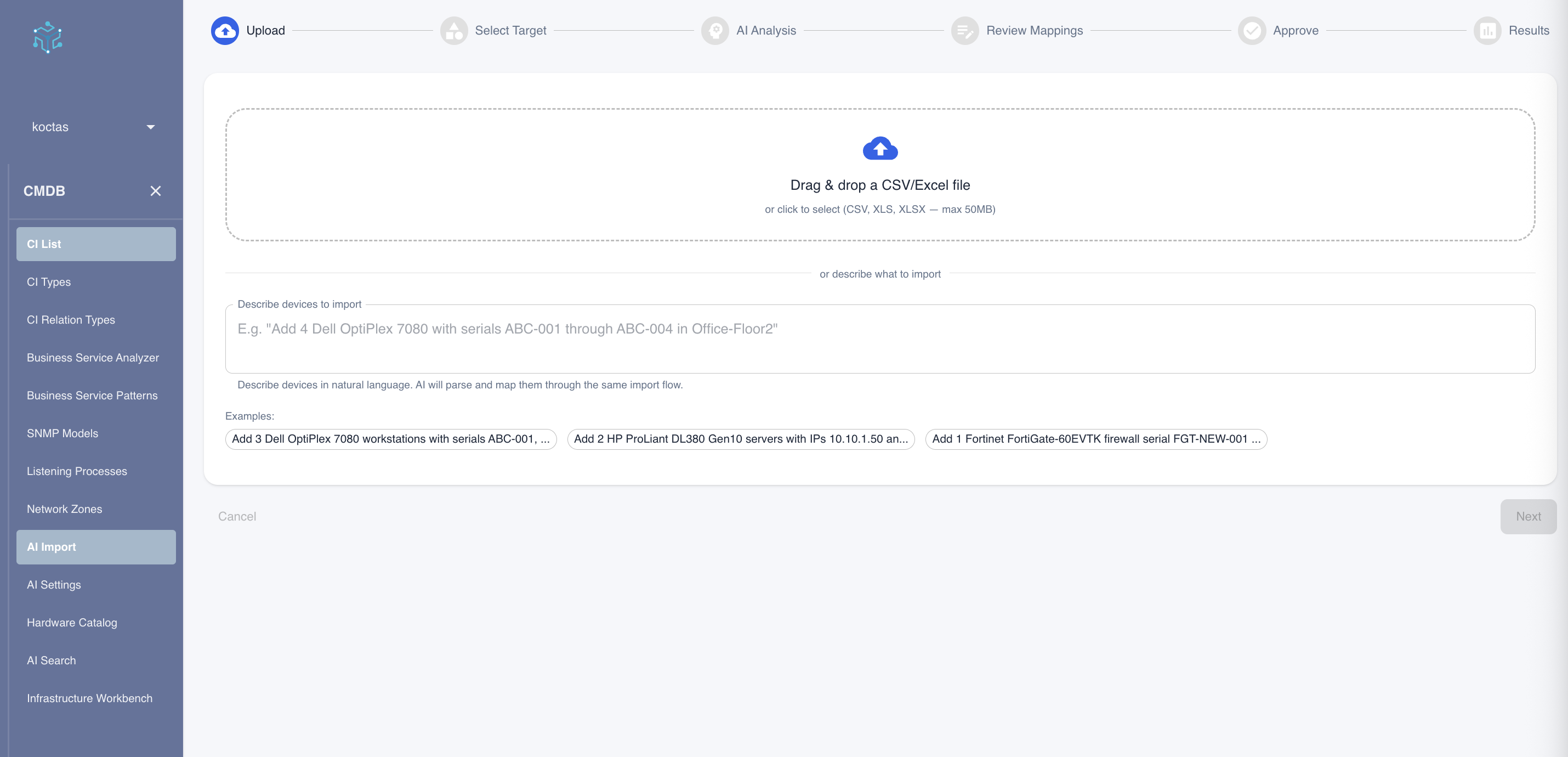 AI Import - Upload step