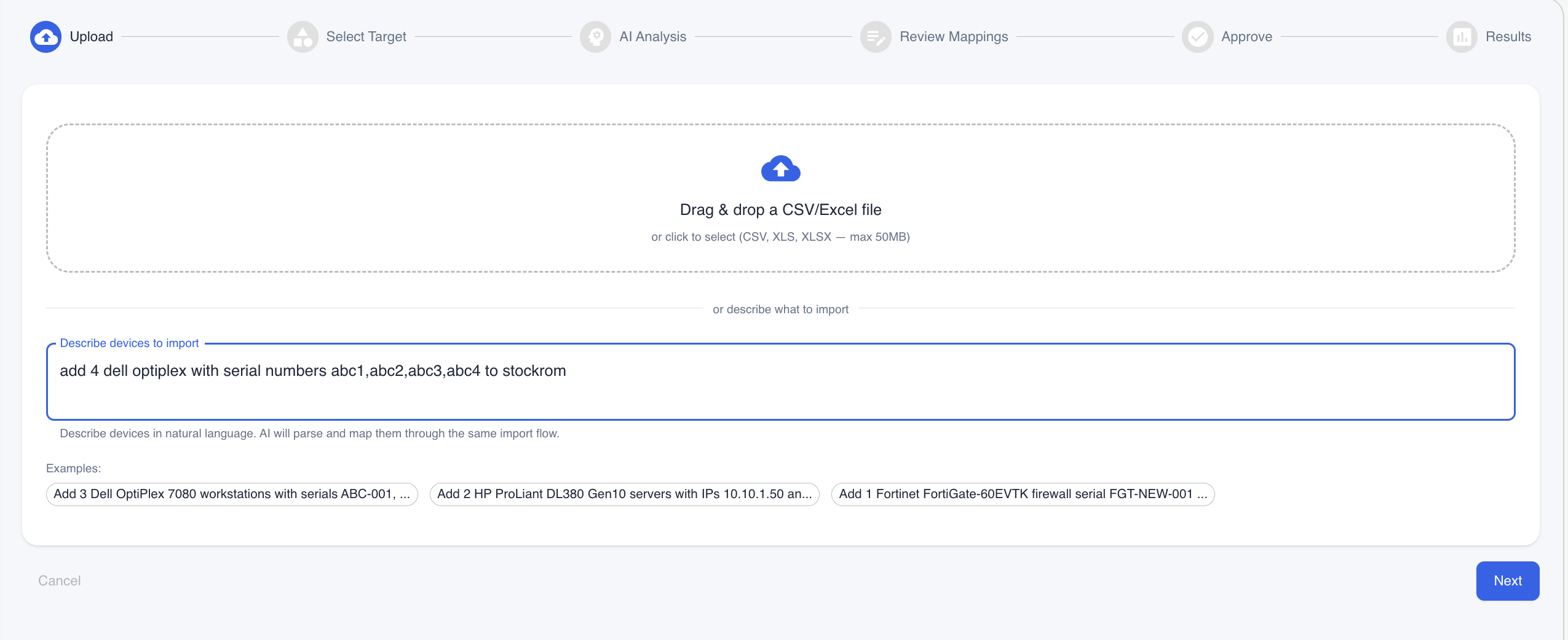 Describe devices to import