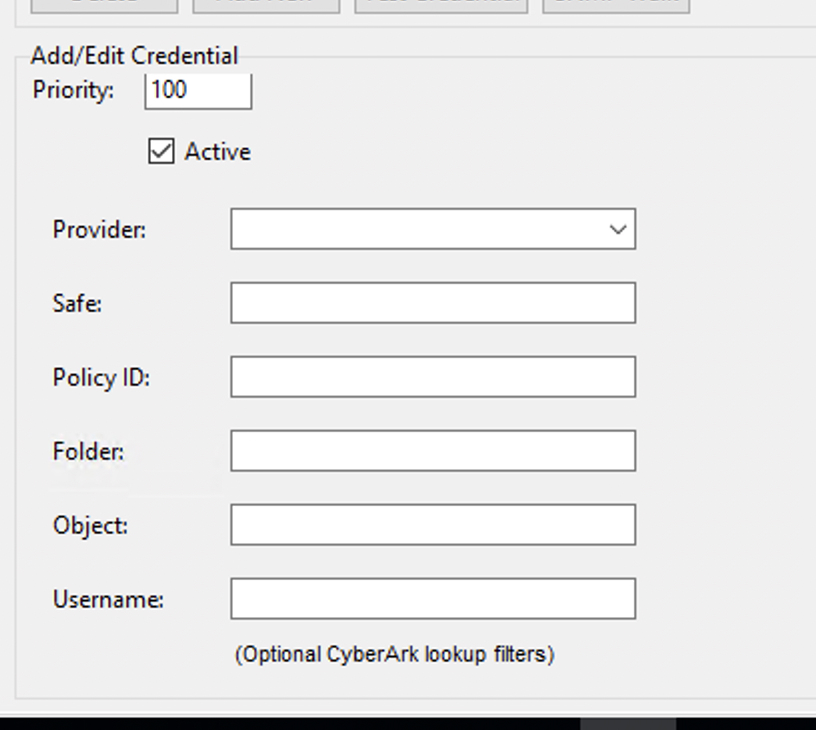 CyberArk credential rule fields — Provider, Safe, Policy ID, Folder, Object, Username
