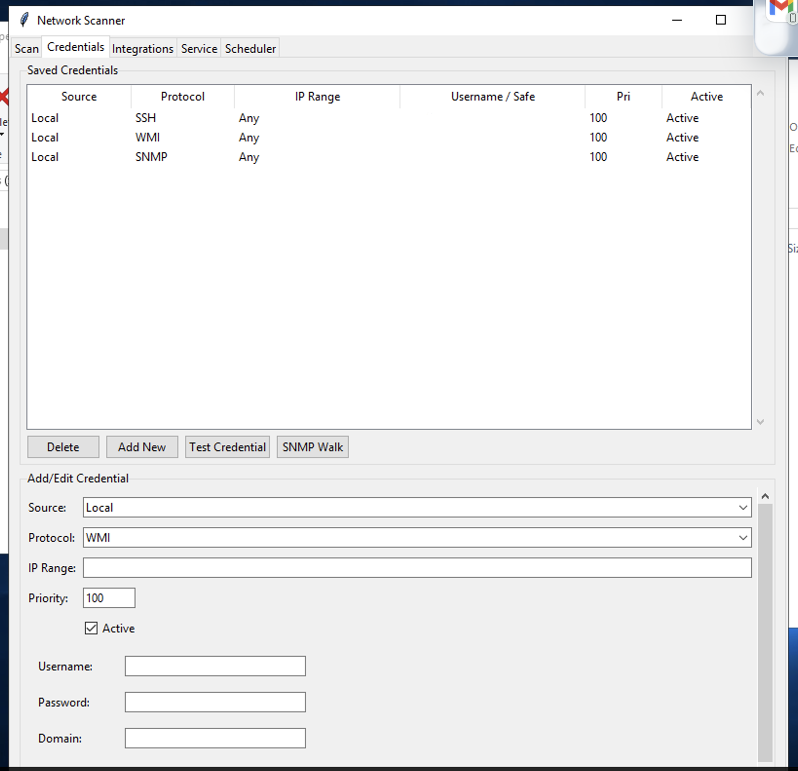 Credentials tab showing saved local credentials